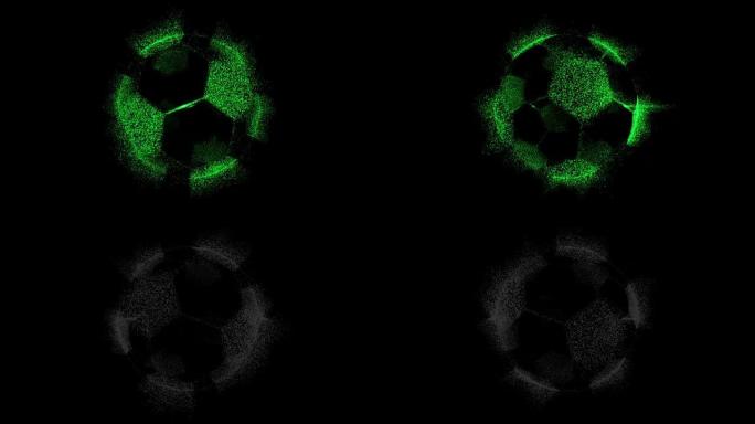 明亮的绿色足球 (足球) 球由在黑色背景上旋转的小颗粒组成