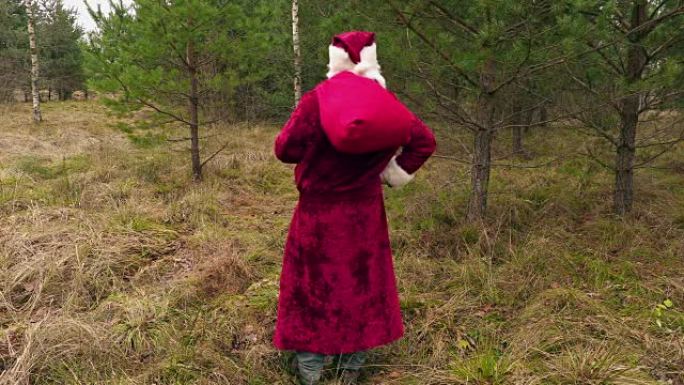 森林里有礼品袋的圣诞老人