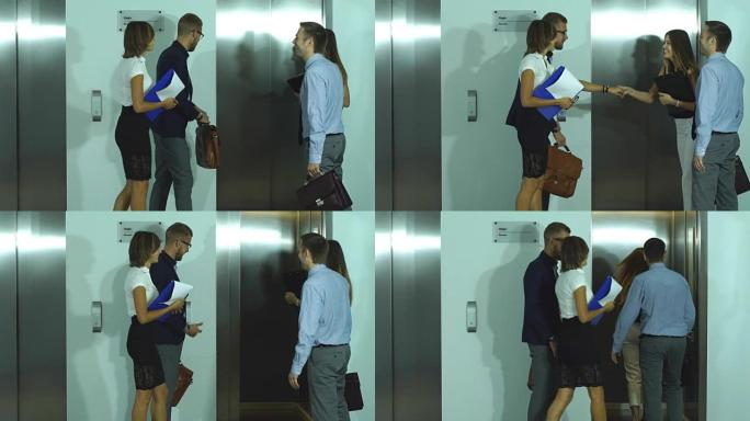 一群商人从电梯里出来
