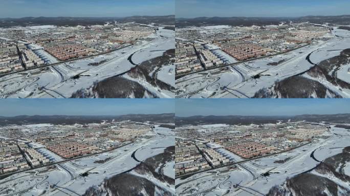 原创内蒙古呼伦贝尔根河市城市航拍冬季风光