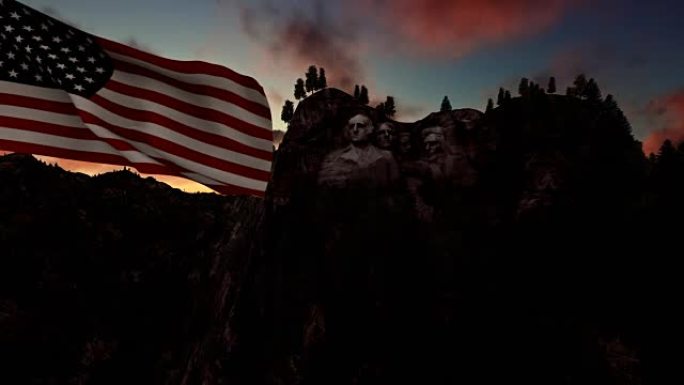 拉什莫尔山，美国国旗随风飘扬，延时日出