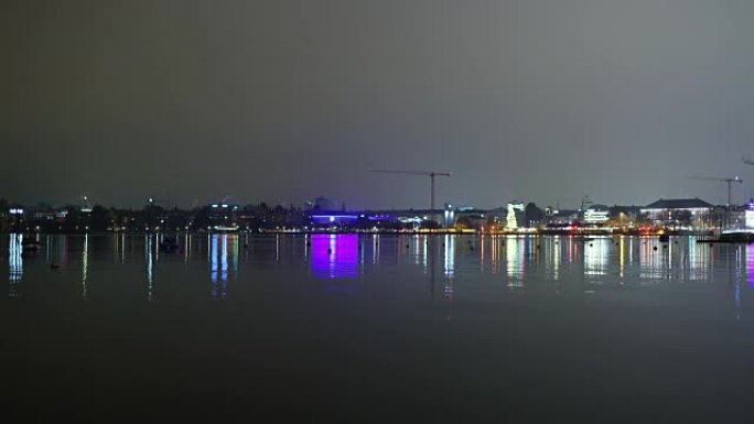 瑞士夜间照明苏黎世湖海岸线城市景观全景4k延时