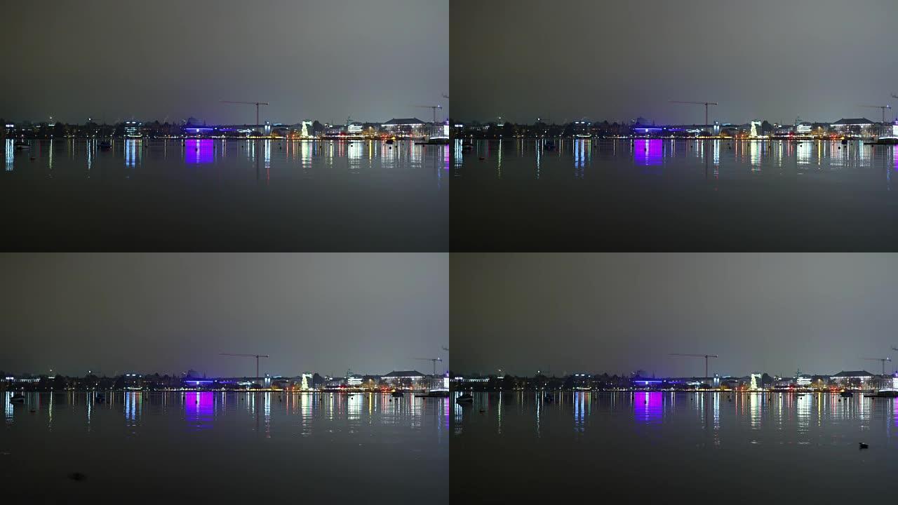 瑞士夜间照明苏黎世湖海岸线城市景观全景4k延时