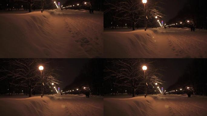 冬天的公园在晚上被一排灯覆盖着雪
