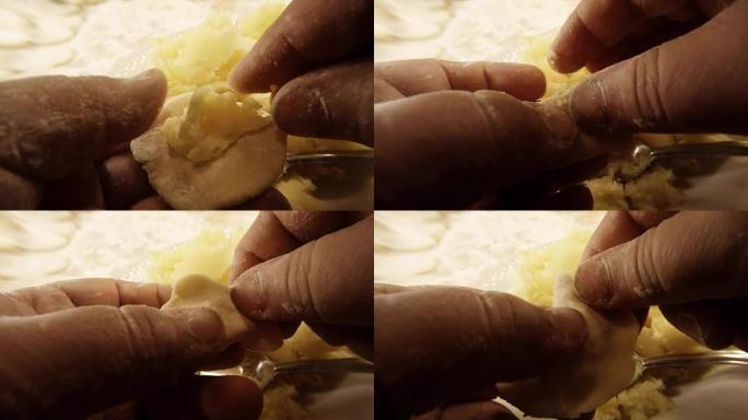 用勺子把土豆放在一块糊状模具里的手指放在盘子和面粉宏观俯视图后面