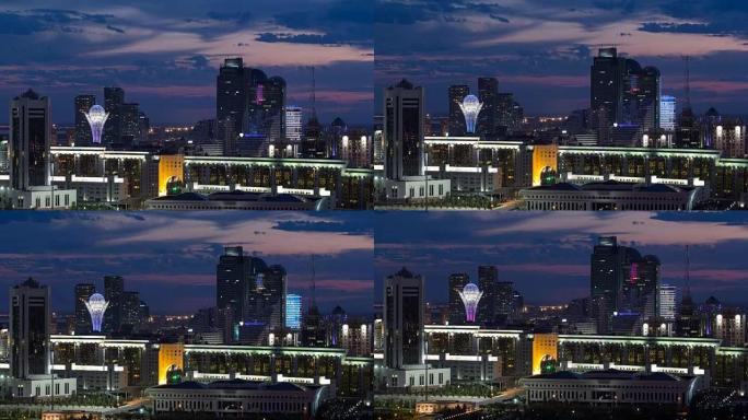 市中心和中央商务区的高架夜景，哈萨克斯坦，阿斯塔纳