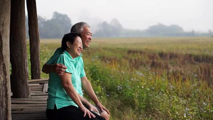 亚洲老年夫妇坐在稻田旁边的凉亭里。农场和农业业务