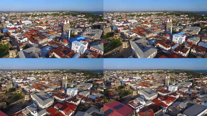 从上面看坦桑尼亚桑给巴尔主要城市桑给巴尔市老城区石头镇的鸟瞰图，非洲，印度洋，4k UHD