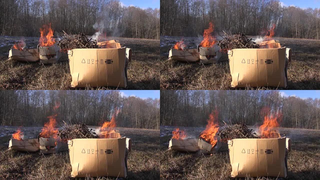 棕色纸板箱，有机垃圾在野外燃烧