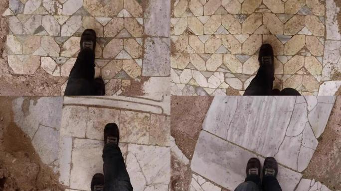 POV腿去古代大理石瓷砖废墟仿古罗马城镇萨拉米斯东塞浦路斯法马古斯塔