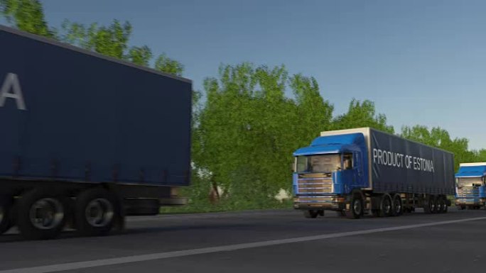 拖车上带有爱沙尼亚产品标题的移动货运半卡车。公路货物运输。无缝循环全高清剪辑