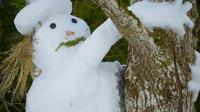一个高大的大雪人抱着一棵树