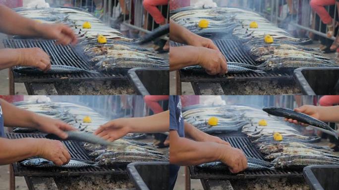 鲭鱼热熏。烤架上的鱼尸体，从中冒烟