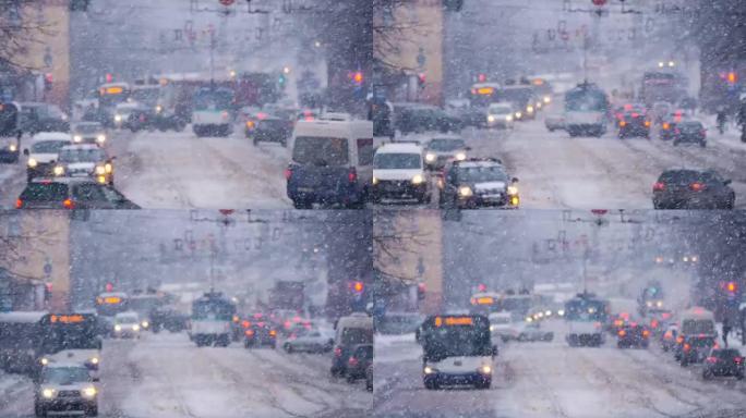 高清-冬季城市交通。降雪