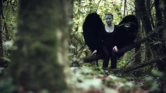 4k万圣节黑天使女人，黑色翅膀在森林里四处张望