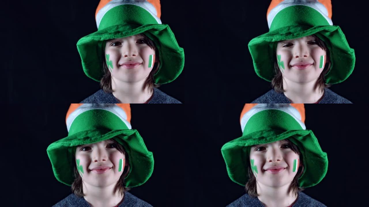 4K儿童戴着帽子微笑庆祝圣帕特里克节