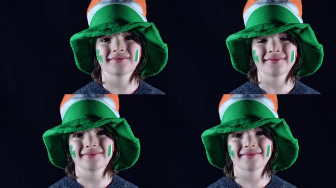 4K儿童戴着帽子微笑庆祝圣帕特里克节