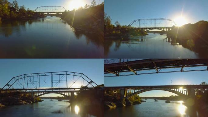 鸟瞰图在加利福尼亚的美国河上掠过水。两座桥梁的视图