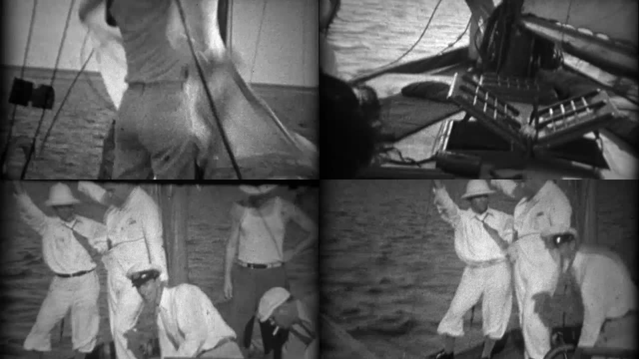 1934: 帆船旅行swabbies髓头盔白色水手船长。
