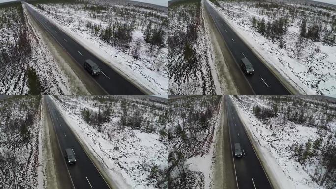 小型货车驾驶冬季路的鸟瞰图