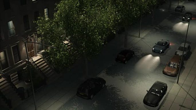 夜间街道的俯视图，带有褐砂石和可循环的汽车