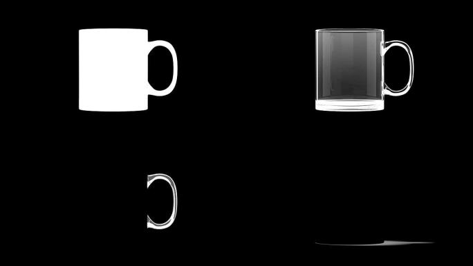 空白玻璃茶杯模型孤立，循环旋转，剪切口罩
