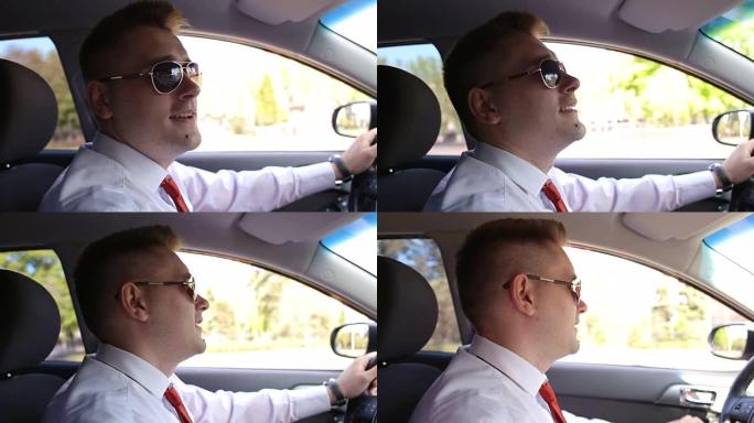 戴着墨镜的年轻人正在驾驶一辆现代汽车。