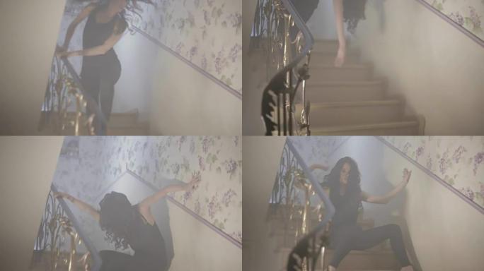 年轻女子在楼梯间跳舞