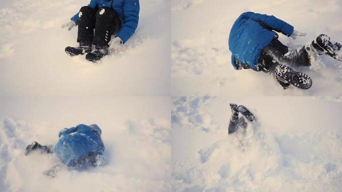 孩子在雪地里翻过高跟鞋