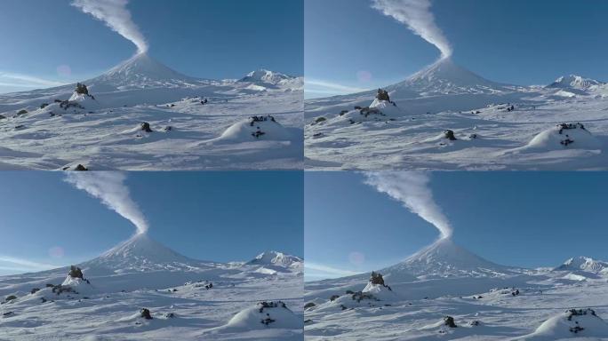 冬季喷发Klyuchevskaya Sopka-堪察加半岛的活跃平流火山