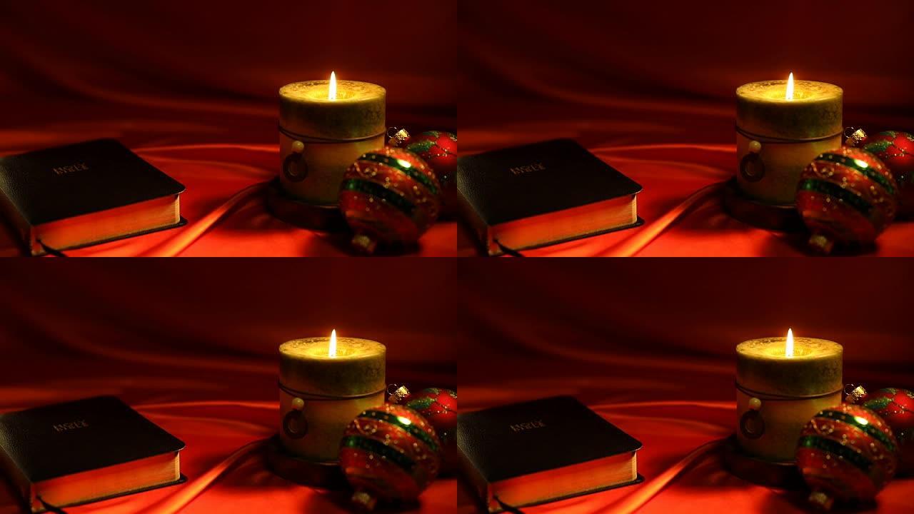 红色背景上的圣经和蜡烛视频