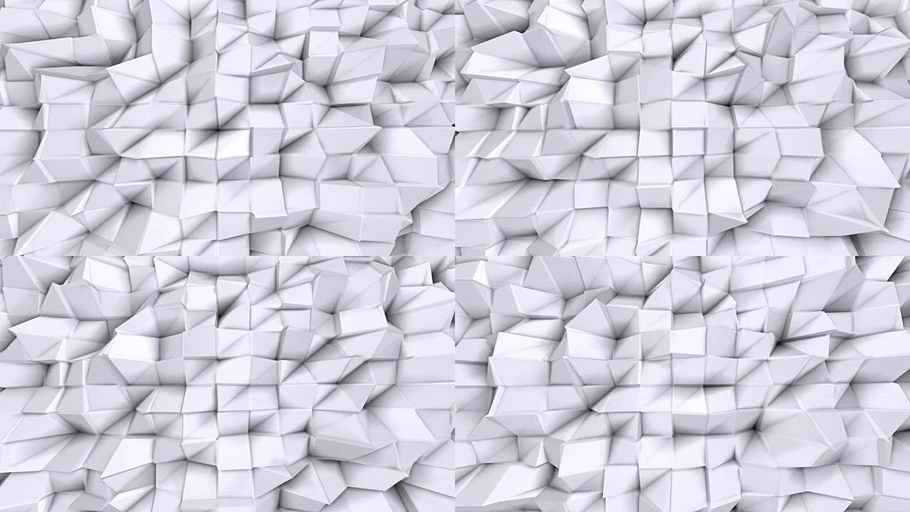 简单的低聚3D表面作为数学可视化。纯白灰色多边形的软几何低聚背景。4k全高清无缝循环背景，带复制空间