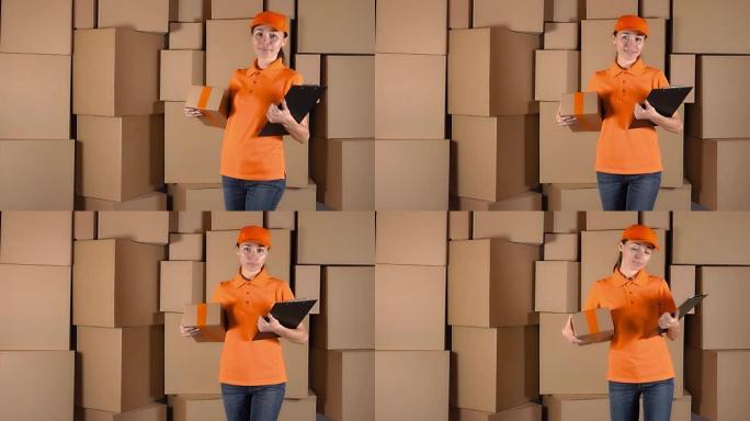 穿着橙色制服的女孩快递员把包裹送到错误的地址。错误或不准确的概念，全高清视频