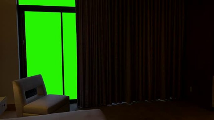 酒店卧室窗帘打开，露出绿色屏幕视图