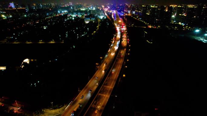 杭州钱塘江江景江东大桥城市夜景航拍