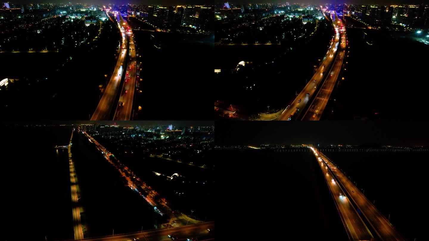 杭州钱塘江江景江东大桥城市夜景航拍