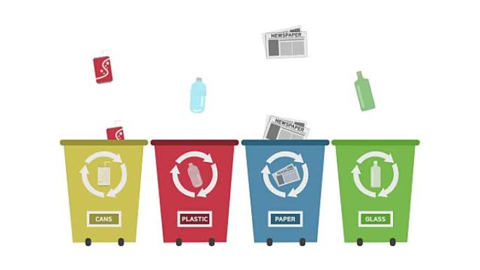 回收概念-不同颜色的回收箱设置。