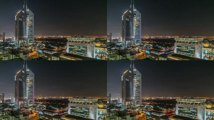 迪拜天际线从顶部与阿联酋大厦在夜间延时。阿联酋迪拜