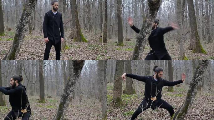 武术大师在春天的森林里练太极