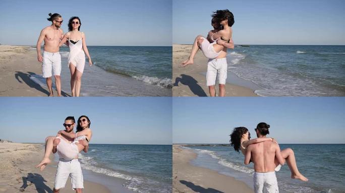 男孩在怀里盘旋女孩，夏天相爱的情侣，赤脚走在沙滩上，风长出头发，异国度假