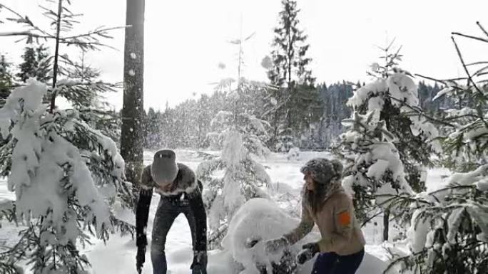 情侣冬季森林行走男女扔雪在雪公园玩得开心