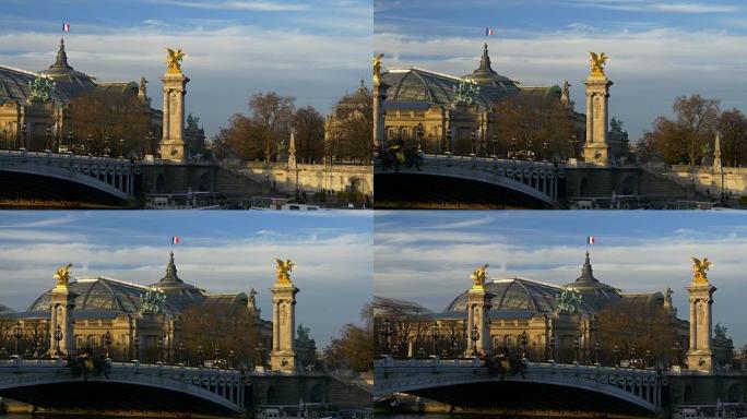 法国巴黎市晴天著名大皇宫塞纳河交通景观4k