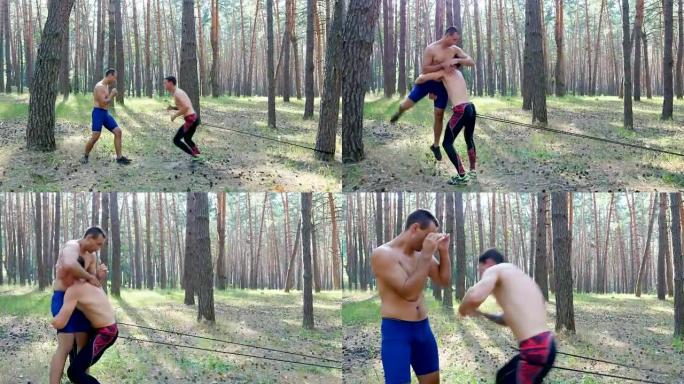 年轻的运动男子裸露，裸露的躯干，练习打击，捕捉，战斗的技术，用橡皮绳，慢动作。在松树林中，在夏天，在