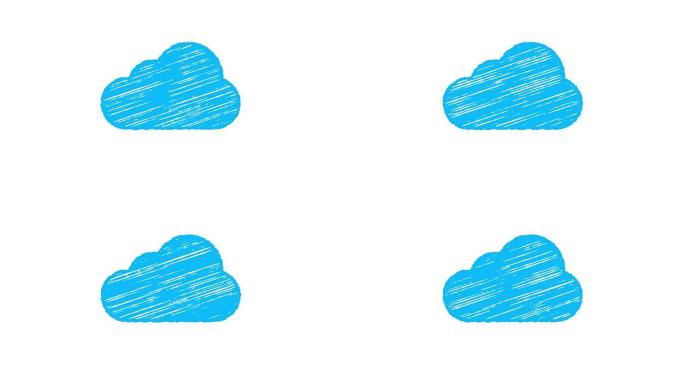 白色背景粉笔绘制蓝色云计算图标，手绘动画4K