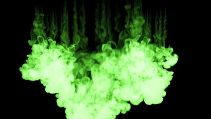 荧光亮绿色涂料在水中混合，多滴墨水。这是慢动作的3d渲染拍摄，用于与阿尔法通道合成的墨水背景或墨水效