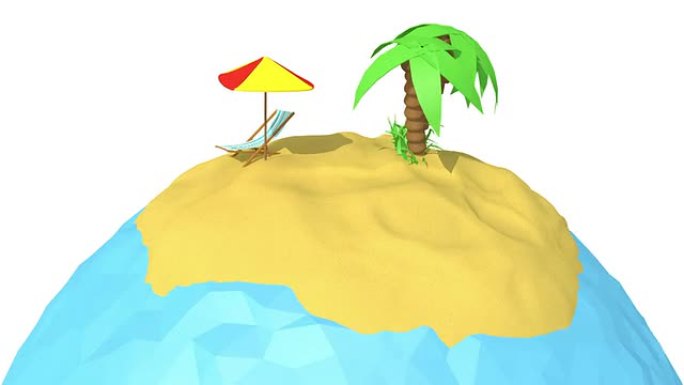 海洋中有棕榈树和日光浴躺椅的岛屿。