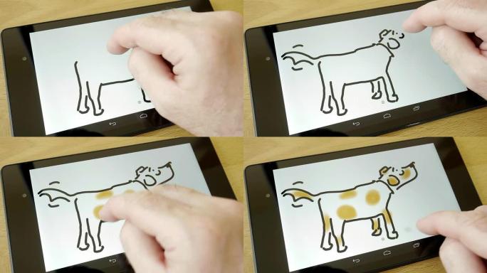 在平板电脑上画一只卡通狗。