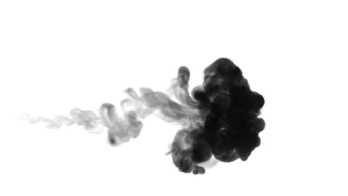 一股墨水流，注入黑色染料云或烟雾，墨水以慢动作注入白色。黑色染料在水中扩散。漆黑的背景或烟雾背景，用