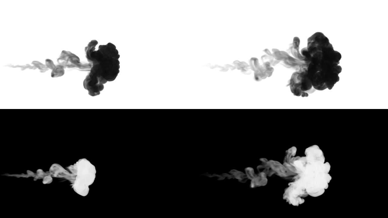 一股墨水流，注入黑色染料云或烟雾，墨水以慢动作注入白色。黑色染料在水中扩散。漆黑的背景或烟雾背景，用