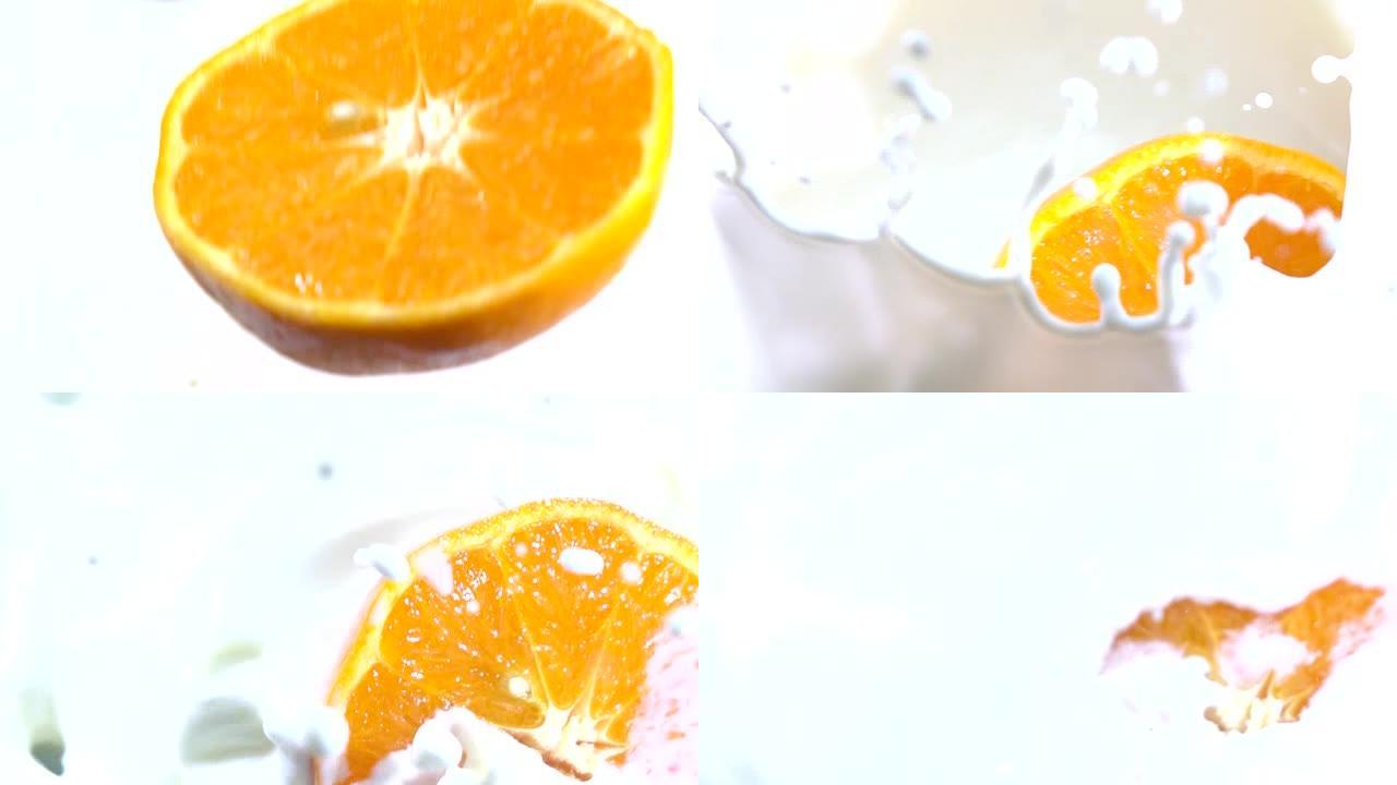 鲜白牛奶慢动作中多汁橙子滴的一半